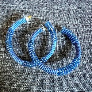 Blue Beaded Hoop Earrings